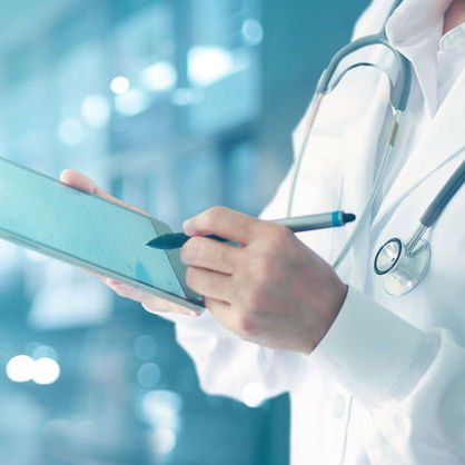 Medicine doctor and stethoscope touching medical information network connection interface on digital tablet in hospital background. Medical data and technology network concept